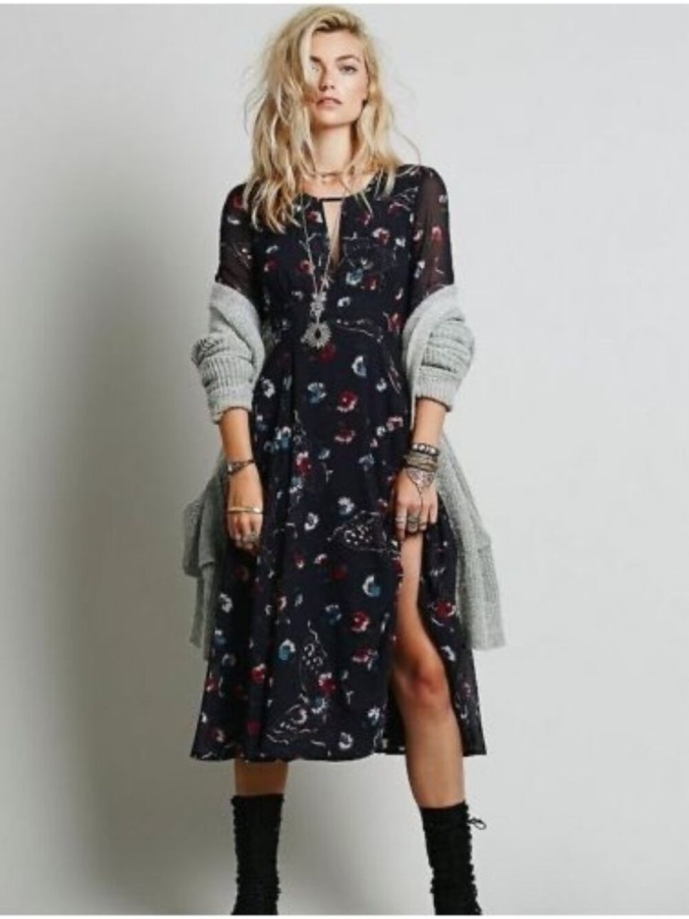 NWT Free People Ditsy Floral Midi Dress Size 8 Navy Blue Keyhole Slit Boho